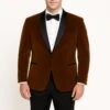 Mens Brown Velvet Tuxedo With Black Satin Shawl Lapel – One Button Formal Suit Jacket