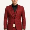 Mens Burgundy Plaid Three-Piece Suit – Ultra Slim Fit Checkered Windowpane Redish 544-10 -Alberto Nardoni Shop Mens Burgundy Plaid Three Piece Suit