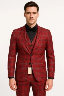 Mens Burgundy Plaid Three-Piece Suit – Ultra Slim Fit Checkered Windowpane Redish 544-10