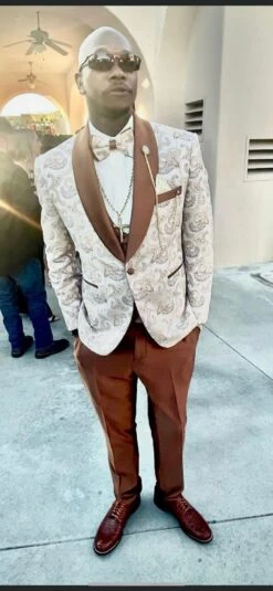 Mens Champagne Paisley Tuxedo With Brown Satin Lapel And Pants – Formal Wedding Suit With Chain Brooch -Alberto Nardoni Shop Mens Champagne Paisley Tuxedo with Brown