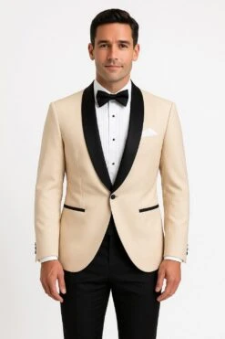 Mens Champagne Light Tan Tuxedo Jacket With Black Shawl Lapel – Classic One-Button Formal Dinner Jacket - Nude Color