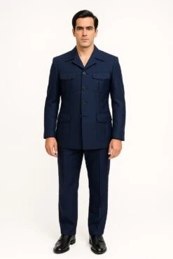Mens Classic Navy Safari Suit With Utility Jacket And Coordinated Trousers