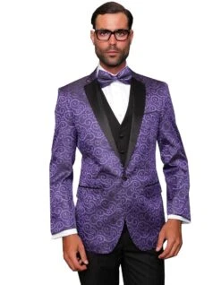 Mens Purple Floral Prom Tuxedo Dinner Jacket With Black Lapel