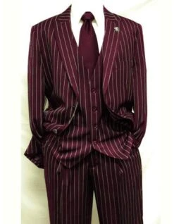 Mens 2 Button Vested 3 Piece Gangster Bold Pinstripe Suit In Burgundy -Alberto Nardoni Shop Mens Gangster Burgundy Pinstripe Vested Suit