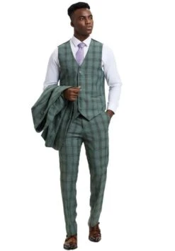 Mens 2 Button Green Wide Lapel Plaid Jacket 3 Piece Suit -Alberto Nardoni Shop Mens Green Wide Lapel Plaid Suit