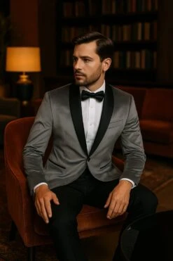 Mens Light Gray Velvet Tuxedo Jacket – Slim Fit Shawl Lapel Formal Blazer + Black Pants Included -Alberto Nardoni Shop Mens Light Gray Velvet Tuxedo Jackets