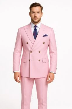 Mens Light Pink Double-Breasted Suit With Gold Buttons – 2-Piece Slim Fit Set