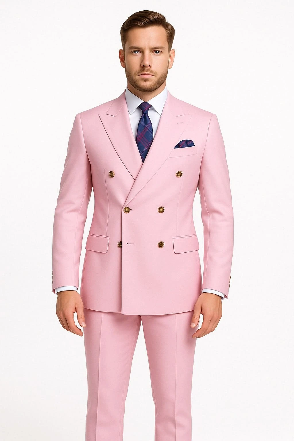 Mens Light Pink Double-Breasted Suit With Gold Buttons – 2-Piece Slim Fit Set 1 Mens Light Pink Double-Breasted Suit With Gold Buttons – 2-Piece Slim Fit Set