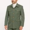 Mens Olive Green Safari Suit Set With Utility Jacket And Adjustable Waist Pants