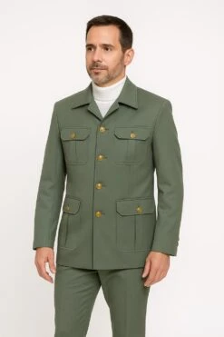 Mens Olive Green Safari Suit Set With Utility Jacket And Adjustable Waist Pants