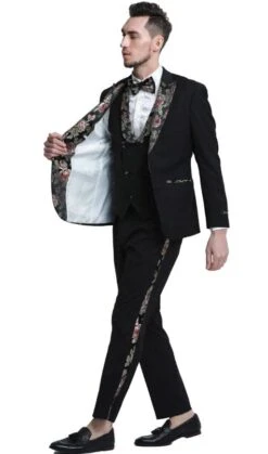 Mens One Button Vested Prom And Wedding Tuxedo Floral Peak Lapel Black -Alberto Nardoni Shop Mens One Button Vested Prom