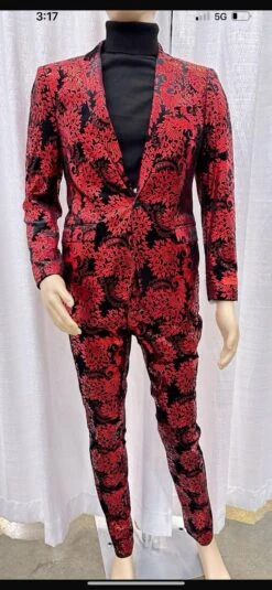 Mens Red And Black Floral Tuxedo Suit – Slim Fit 2 Piece Embroidered Outfit For Weddings, Prom, And Formal Events -Alberto Nardoni Shop Mens Red and Black Floral Tuxedo Suit