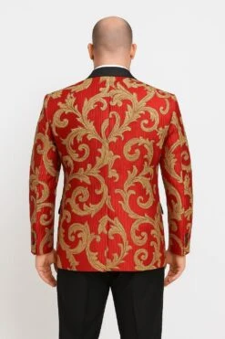 Mens Red And Gold Embroidered Tuxedo Blazer – Baroque Style One Button Dinner Jacket With Black Satin Lapel -Alberto Nardoni Shop Mens Red and Gold Embroidered Tuxedo Blazer