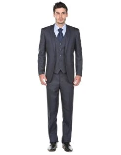 3 Piece Suit - Navy Blue Three Piece Suit -Mens Regular Fit Vested Suit Navy Blue