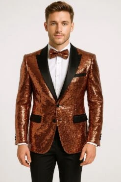 Mens Rose Gold Sequin Tuxedo Jacket With Black Satin Shawl Lapel And Matching Bow Tie