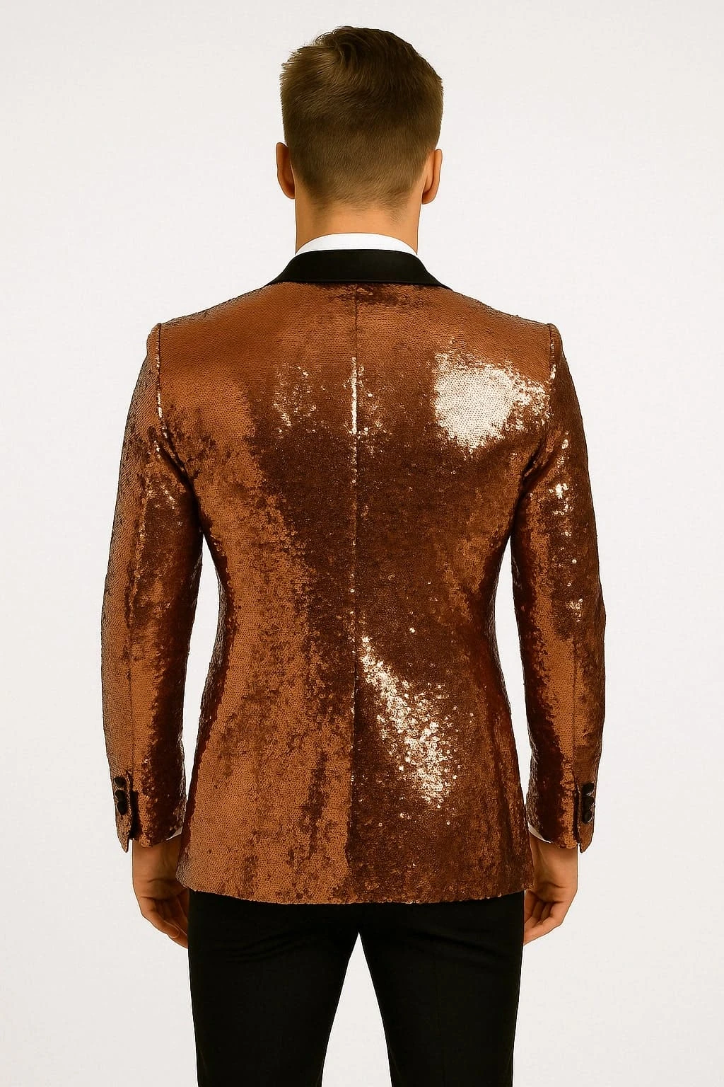 Mens Rose Gold Sequin Tuxedo Jacket With Black Satin Shawl Lapel And Matching Bow Tie 2 Mens Rose Gold Sequin Tuxedo Jacket With Black Satin Shawl Lapel And Matching Bow Tie - Image 2