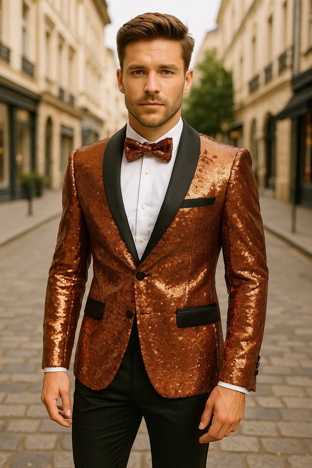 Mens Rose Gold Sequin Tuxedo Jacket With Black Satin Shawl Lapel And Matching Bow Tie 3 Mens Rose Gold Sequin Tuxedo Jacket With Black Satin Shawl Lapel And Matching Bow Tie - Image 3