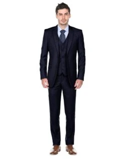 3 Piece Suit - Navy Blue Three Piece Suit - Mens Slim Fit Vested Suit Midnight Blue