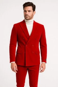 Mens Slim Fit Red Velvet Double Breasted Suit With Peak Lapel – Formal Tuxedo Style