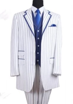 Mens Pimp Coat + Pimp Jacket Vest And Pants - Gangster Stripe White And Blue Suit
