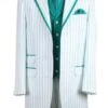 Mens Pimp Coat + Pimp Jacket Vest And Pants - Gangster Stripe Fabric White And Turquoise Suit