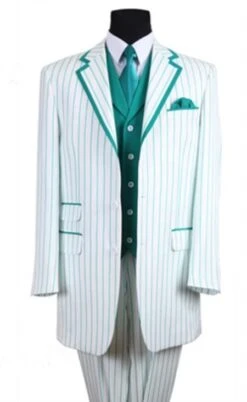Mens Pimp Coat + Pimp Jacket Vest And Pants - Gangster Stripe Fabric White And Turquoise Suit