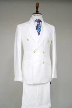 Mens White Double-Breasted Suit With Gold Buttons – Formal Slim Fit 2-Piece Set -Alberto Nardoni Shop Mens White Double Breasted Suit with Gold Button