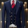 3 Piece Suit - Navy Blue Three Piece Suit - Mens One Button Peak Lapel Vested Wool Suit With Gold Buttons In Navy Blue