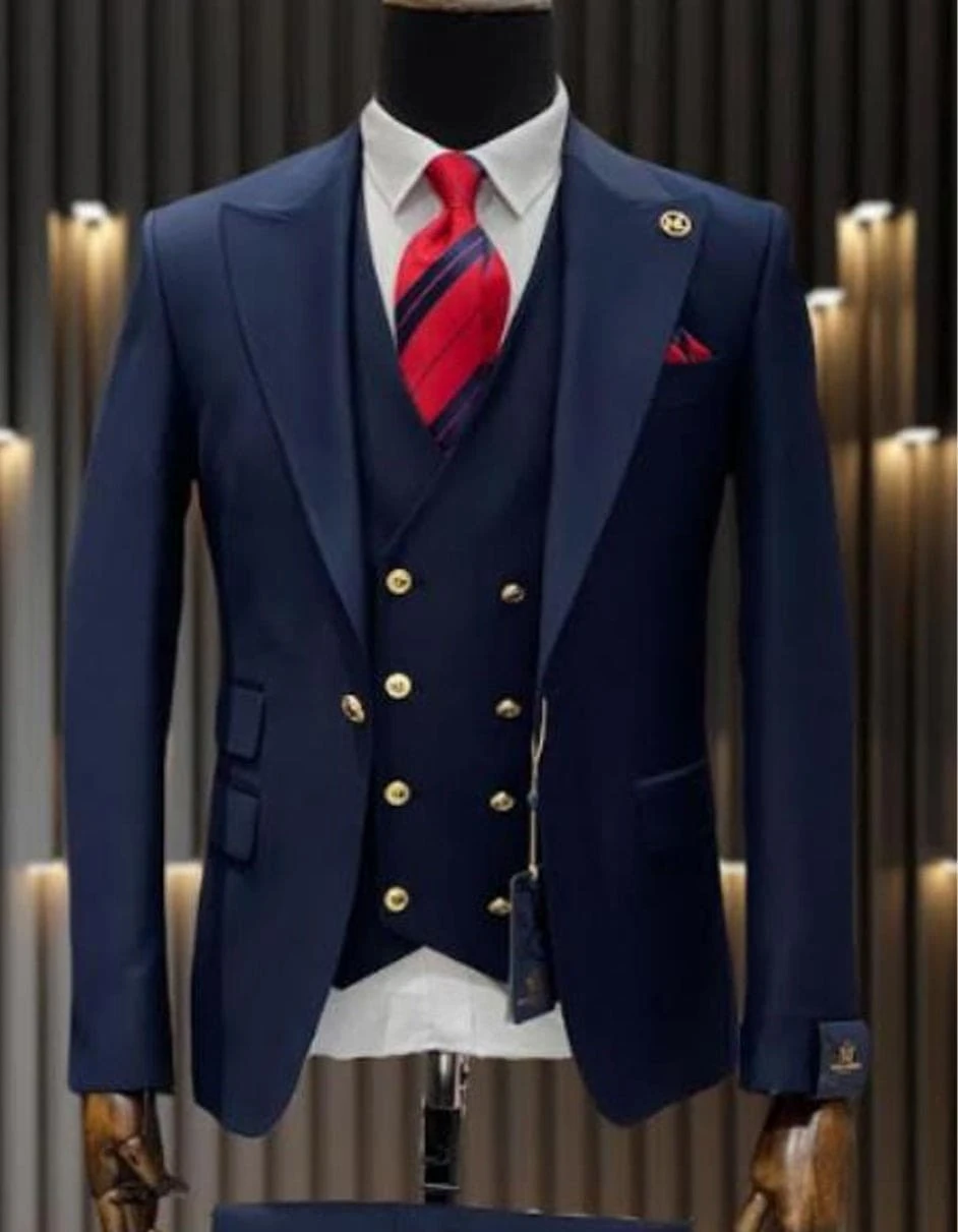 3 Piece Suit - Navy Blue Three Piece Suit - Mens One Button Peak Lapel Vested Wool Suit With Gold Buttons In Navy Blue 1 3 Piece Suit - Navy Blue Three Piece Suit - Mens One Button Peak Lapel Vested Wool Suit With Gold Buttons In Navy Blue