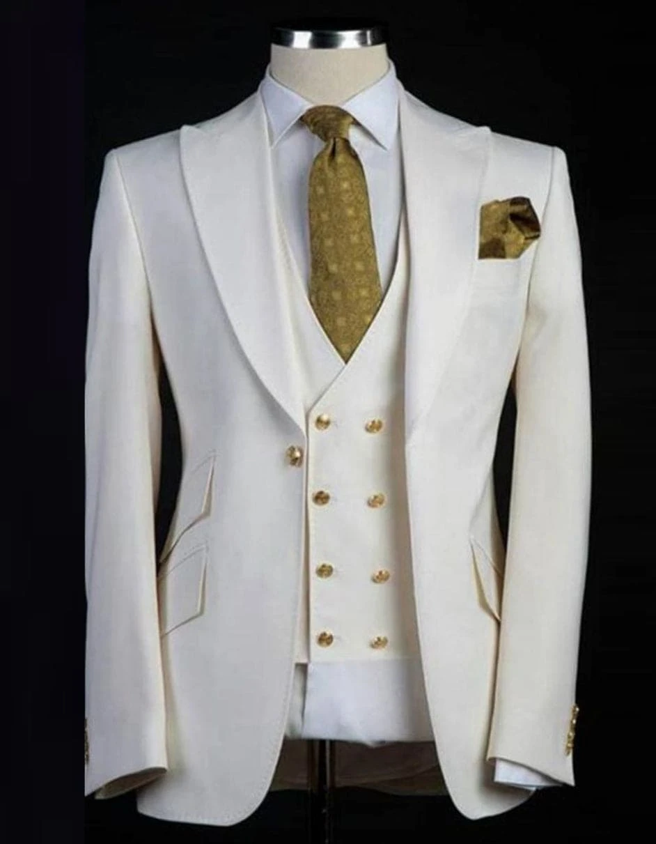 Mens One Button Peak Lapel Vested Wedding Suit With Gold Buttons In White 1 Mens One Button Peak Lapel Vested Wedding Suit With Gold Buttons In White