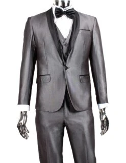 Mens 1 Button Shawl Lapel Vested Wedding | Prom Tuxedo In Silver Grey Sharkskin