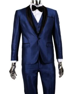Mens 1 Button Shawl Lapel Vested Wedding | Prom Tuxedo In Navy Sharkskin
