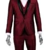 Mens 1 Button Shawl Lapel Vested Wedding | Prom Tuxedo In Burgundy Sharkskin