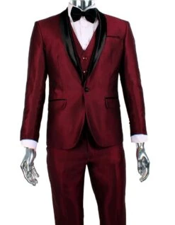 Mens 1 Button Shawl Lapel Vested Wedding | Prom Tuxedo In Burgundy Sharkskin