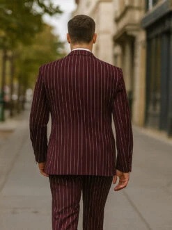 Mens 2 Button Vested 3 Piece Gangster Bold Pinstripe Suit In Burgundy -Alberto Nardoni Shop Mens 2 Button Vested 3 Piece Gangster Bold Pinstripe Suit in Burgundy 1