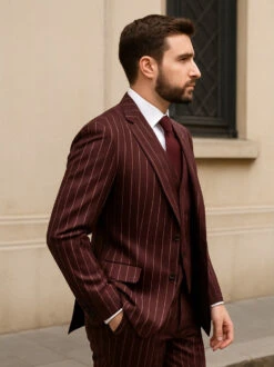 Mens 2 Button Vested 3 Piece Gangster Bold Pinstripe Suit In Burgundy -Alberto Nardoni Shop Mens 2 Button Vested 3 Piece Gangster Bold Pinstripe Suit in Burgundy 2