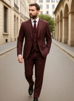 Mens 2 Button Vested 3 Piece Gangster Bold Pinstripe Suit In Burgundy -Alberto Nardoni Shop Mens 2 Button Vested 3 Piece Gangster Bold Pinstripe Suit in Burgundy 3