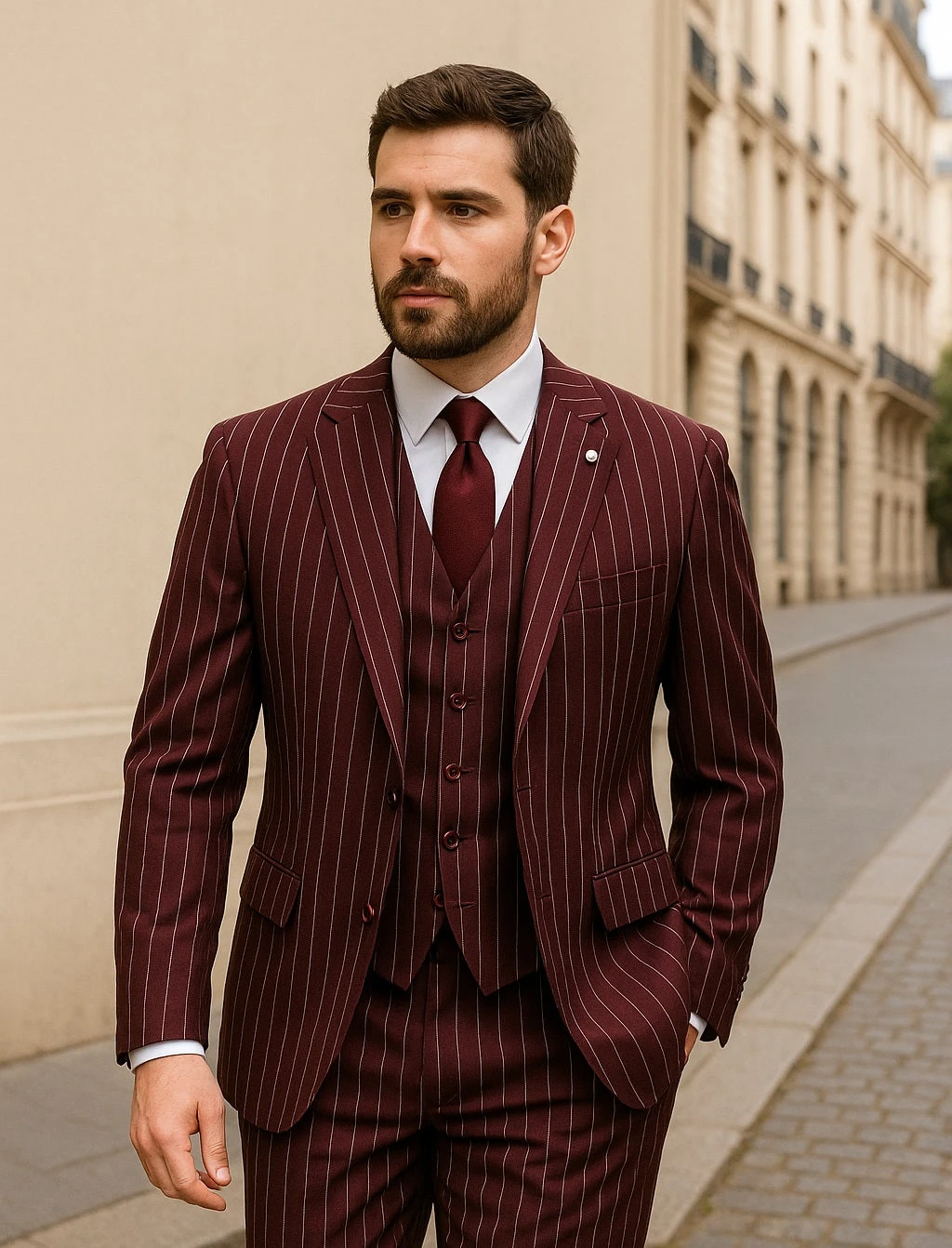 Mens 2 Button Vested 3 Piece Gangster Bold Pinstripe Suit In Burgundy