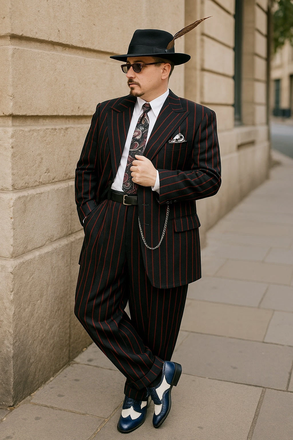 Mens High Fashion Vested Black And Red Pinstripe Zoot Suit For Sale ~ Pachuco Mens Suit Perfect For Wedding - Image 2