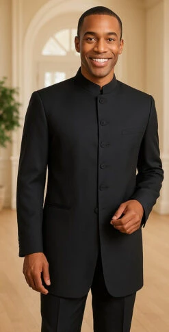Mens Long Mandarin Collar Zoot Suit Black Tuxedo