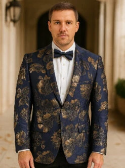 Mens Navy Blue And Gold 2 Button Foil Floral Paisley Prom And Wedding Blazer -Alberto Nardoni Shop Mens Navy Blue And Gold 2 Button Foil Floral Paisley Prom And Wedding Blazer