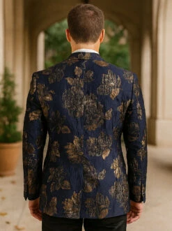 Mens Navy Blue And Gold 2 Button Foil Floral Paisley Prom And Wedding Blazer -Alberto Nardoni Shop Mens Navy Blue And Gold 2 Button Foil Floral Paisley Prom And Wedding BlazerMens Navy Blue And Gold 2 Button Foil Floral Paisley Prom And Wedding Blazer 1