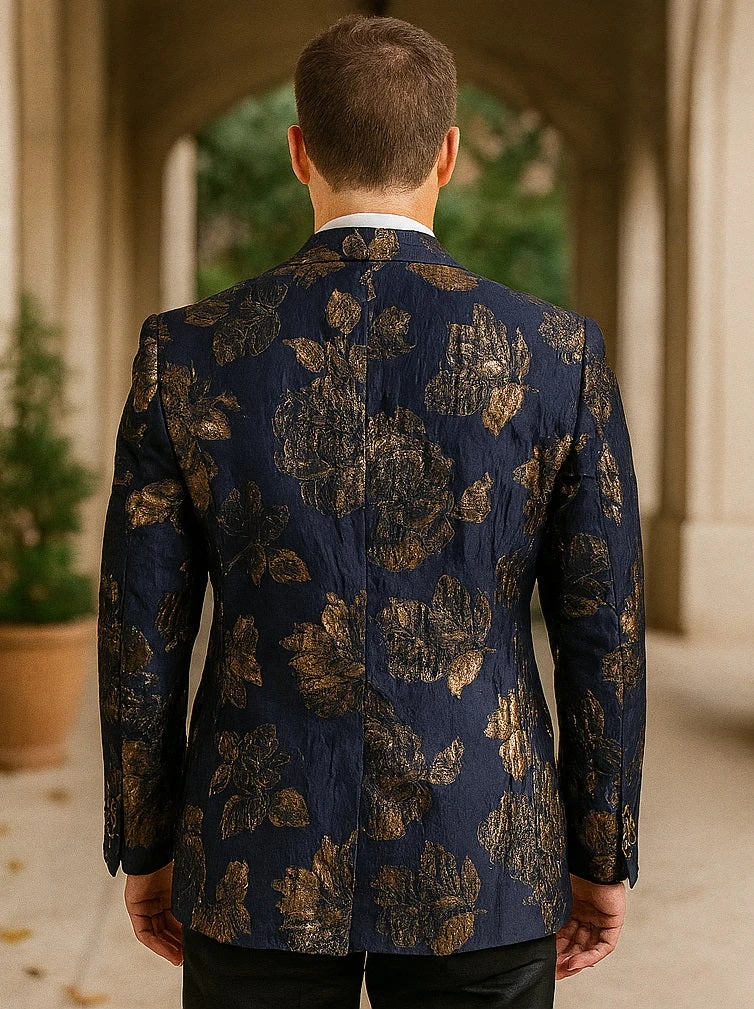 Mens Navy Blue And Gold 2 Button Foil Floral Paisley Prom And Wedding Blazer - Image 5