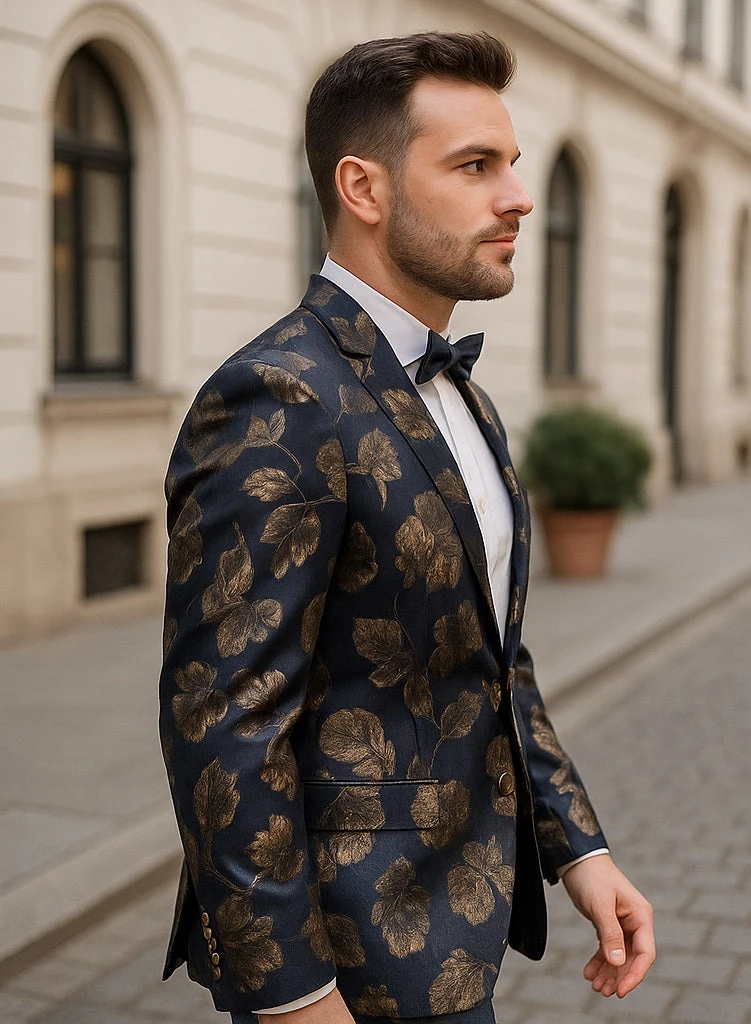 Mens Navy Blue And Gold 2 Button Foil Floral Paisley Prom And Wedding Blazer - Image 2