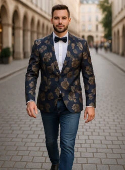 Mens Navy Blue And Gold 2 Button Foil Floral Paisley Prom And Wedding Blazer -Alberto Nardoni Shop Mens Navy Blue And Gold 2 Button Foil Floral Paisley Prom And Wedding Blazer 3