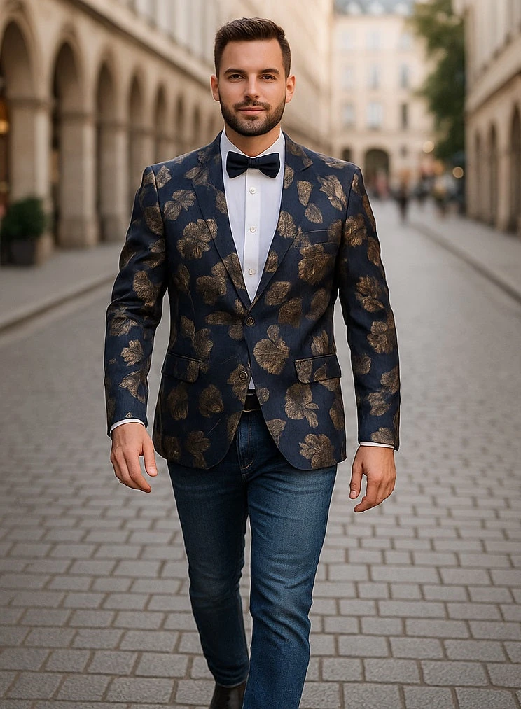 Mens Navy Blue And Gold 2 Button Foil Floral Paisley Prom And Wedding Blazer - Image 3