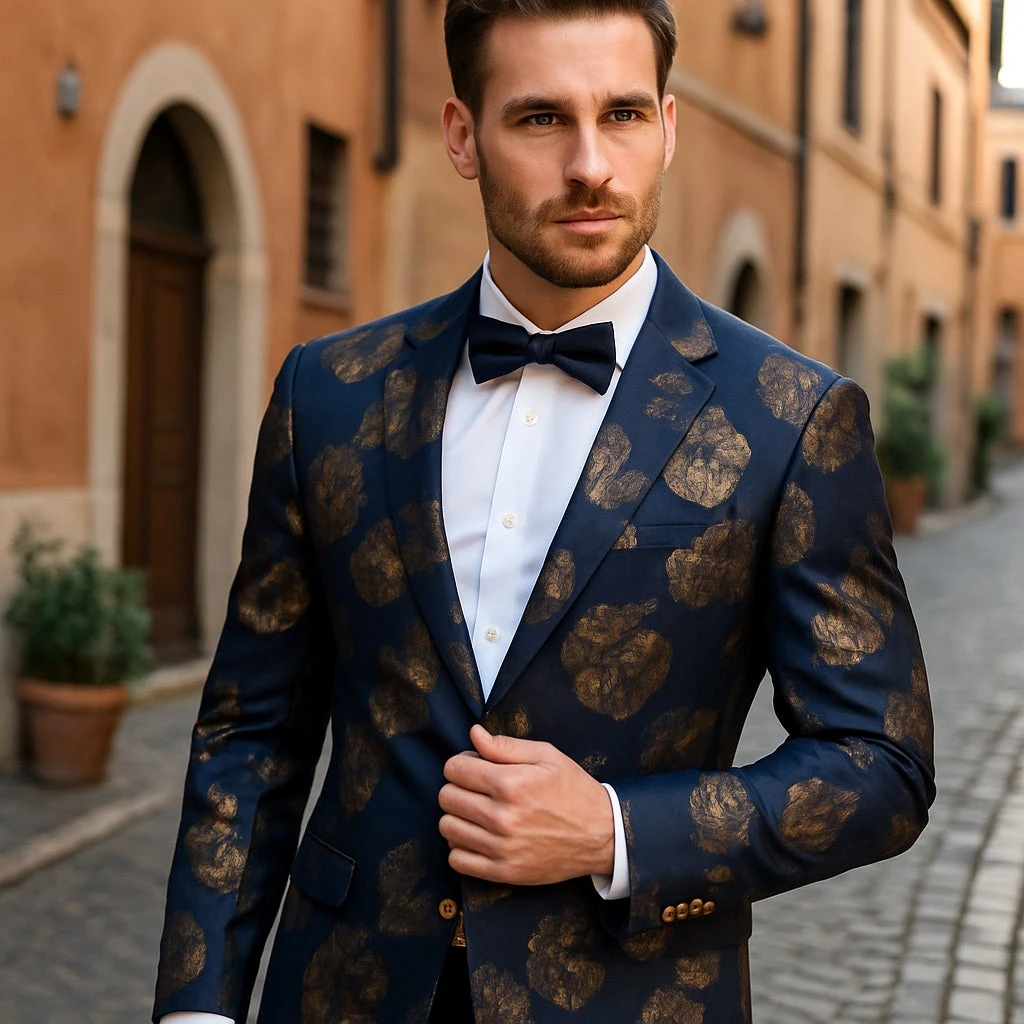 Mens Navy Blue And Gold 2 Button Foil Floral Paisley Prom And Wedding Blazer