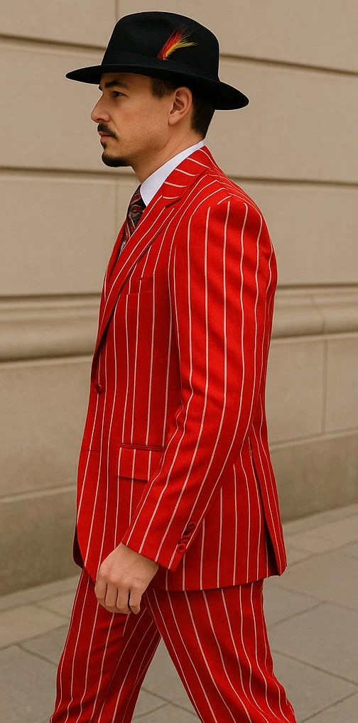 Mens Pimp Coat + Pimp Jacket Vest And Pants - Gangster Red And White Pinstripe Fabric Suit - Image 2