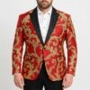 Mens Red And Gold Embroidered Tuxedo Blazer – Baroque Style One Button Dinner Jacket With Black Satin Lapel -Alberto Nardoni Shop Mens Red and Gold Embroidered Tuxedo Blazers