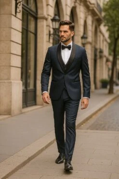 Mens Midnight Blue Stripe Tuxedo Jacket With Black Satin Shawl Lapel – Shiny Formal Party Suit -Alberto Nardoni Shop Midnight Blue Stripe Tuxedos Jacket